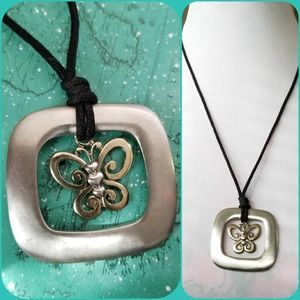 Butterfly necklace silver and gold tone black chunky insect moth